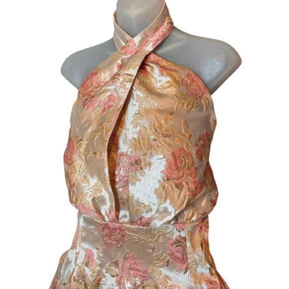 ASOS LUXE Curve Halter Swing Dress Size 18 Metallic Pink Gold Jacquard Floral - Picture 5 of 10